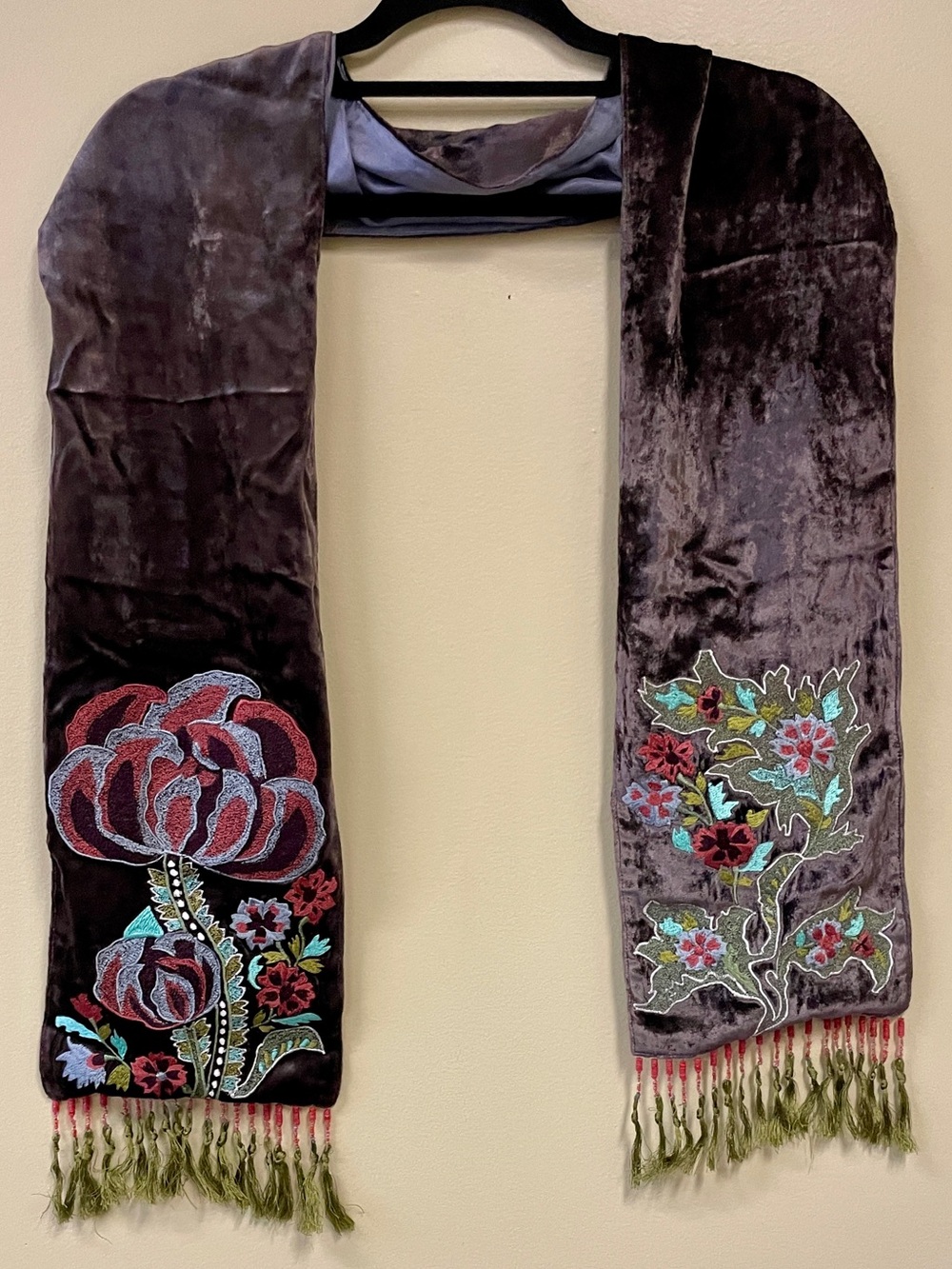 Chan Luu | Embroidered Velvet Floral Scarf w/ Beaded Fringe ♥ Price is FIRM - Picture 3 of 8